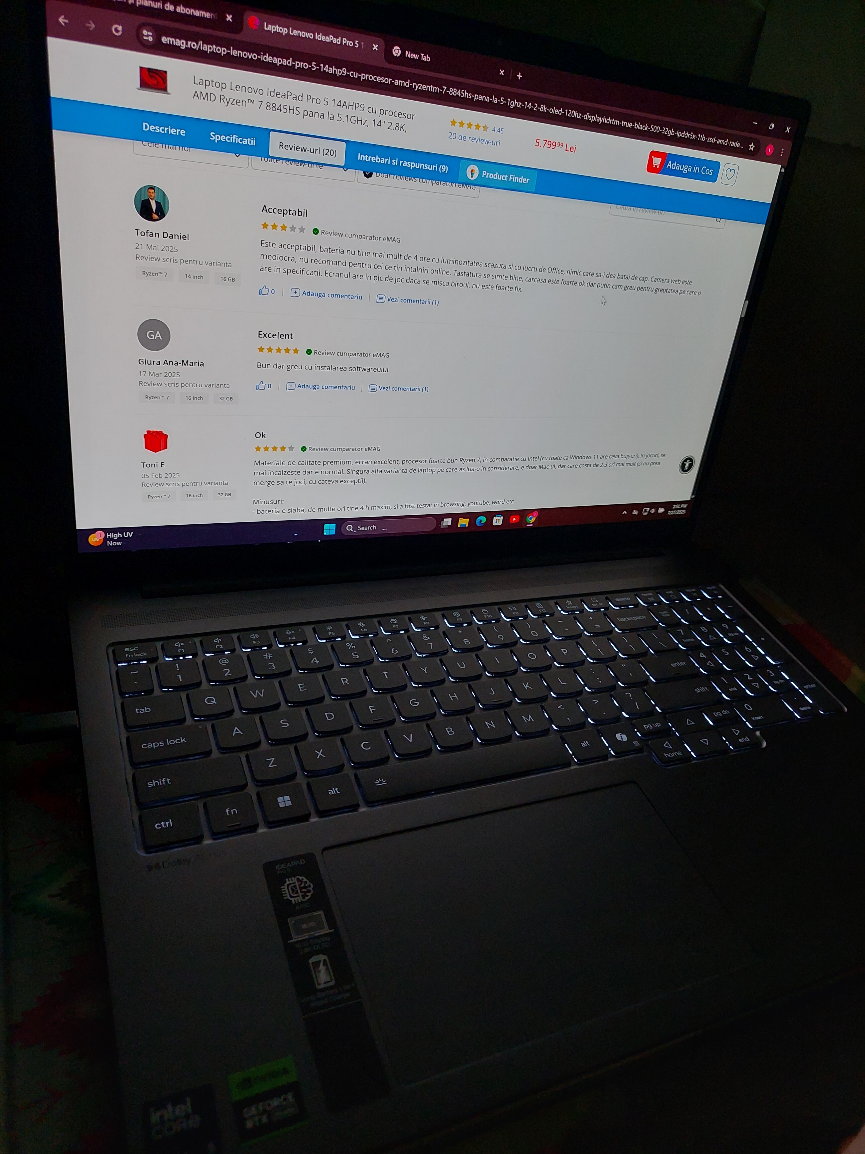 Laptop Lenovo IdeaPad Pro 5, 14'', 2.8K OLED 120Hz, Procesor Intel Core Ultra 7, 24GB, 1TB SSD, Luna Grey