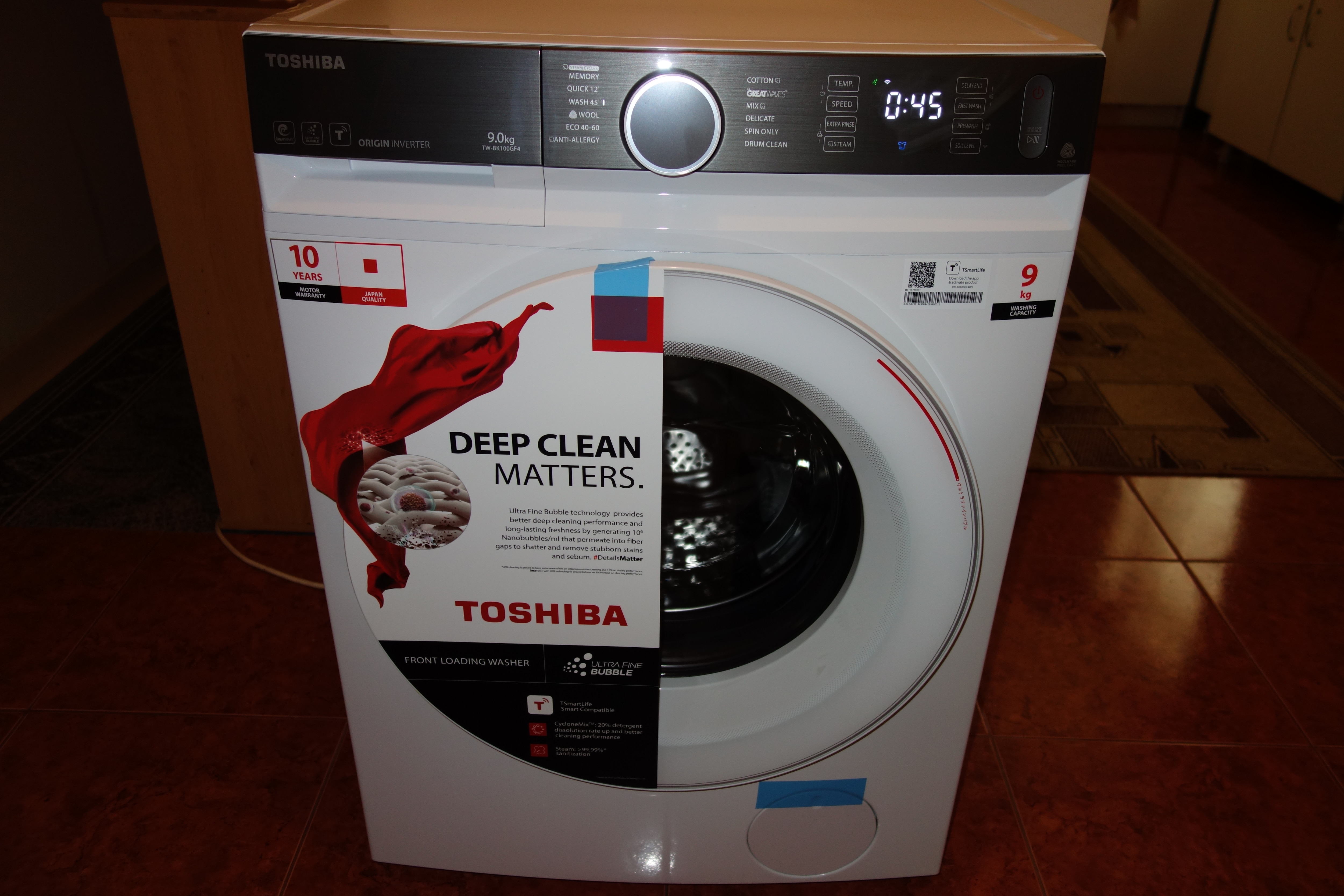 Masina de spalat Toshiba TW-BK100GF4, 9 kg, 1400 RPM, Clasa A, Motor Inverter, Functie Abur, Tehnologie UFB, Wi-Fi, Alb