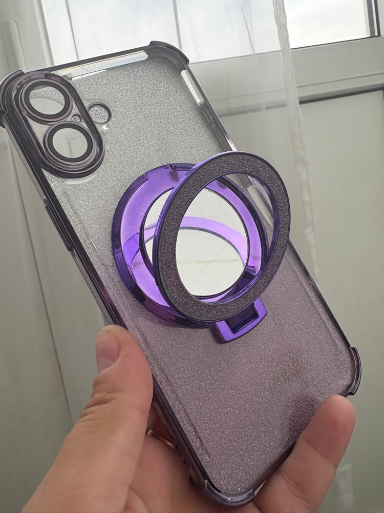 Husa pentru iPhone 16 plus cu suport magnetic integrat inel, oglinda de machiaj si silicona antisoc - Argintiu Stralucitor