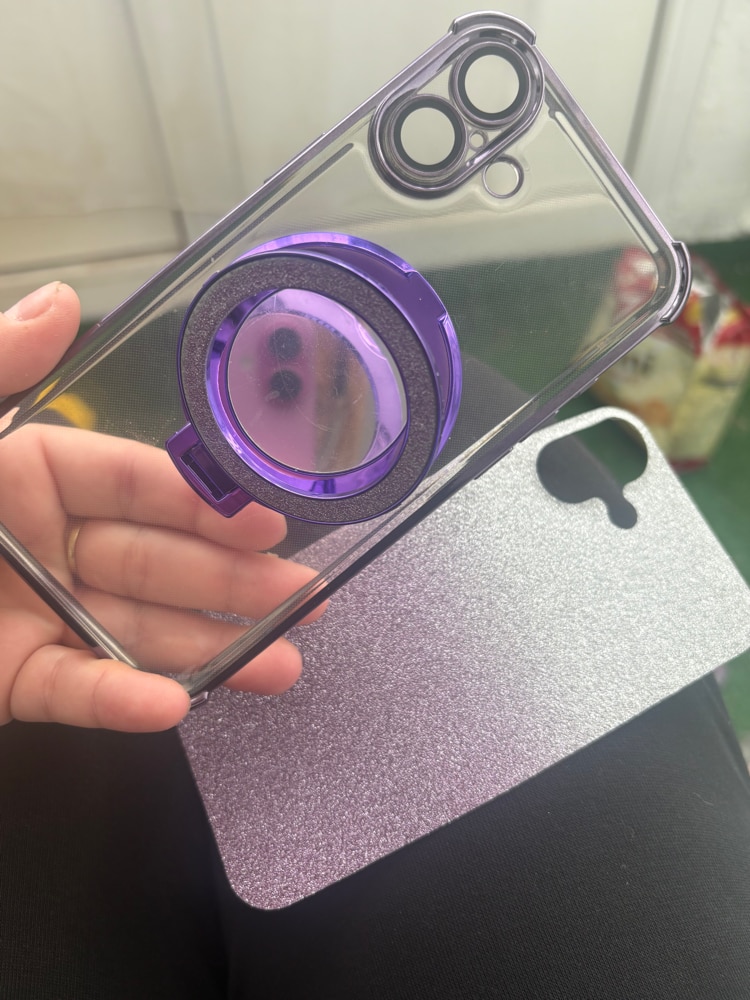 Husa pentru iPhone 16 plus cu suport magnetic integrat inel, oglinda de machiaj si silicona antisoc - Argintiu Stralucitor