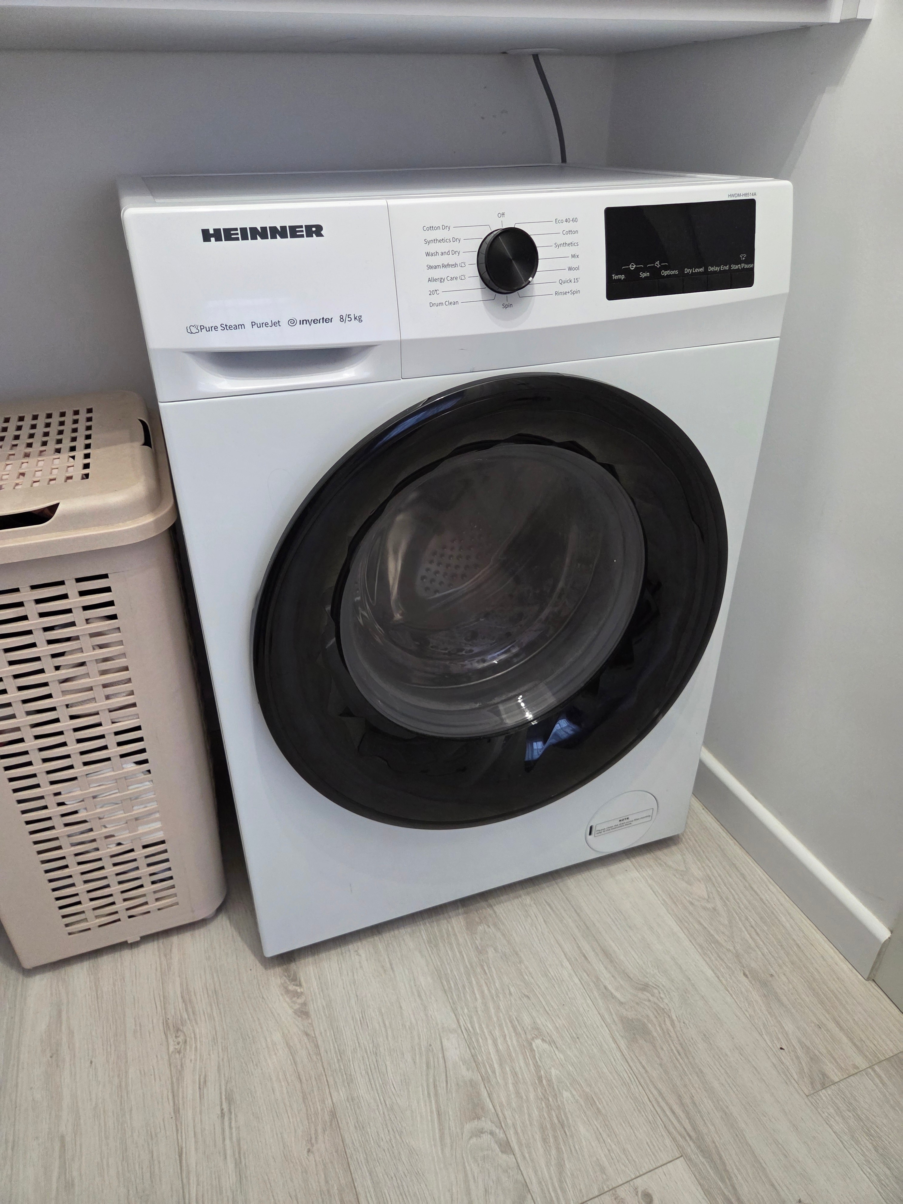 Masina de spalat rufe cu uscator Heinner HWDM-H8514A, Spalare 8 kg, Uscare 5 kg, 1400 RPM, Clasa A, Motor inverter Display LED, Blocare acces copii, Alb