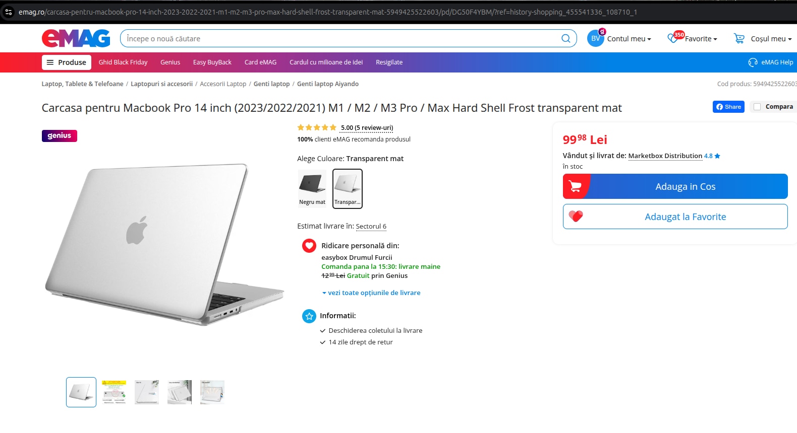 Carcasa pentru Macbook Pro 14 inch (2023/2022/2021) M1 / M2 / M3 Pro / Max Hard Shell Frost transparent mat