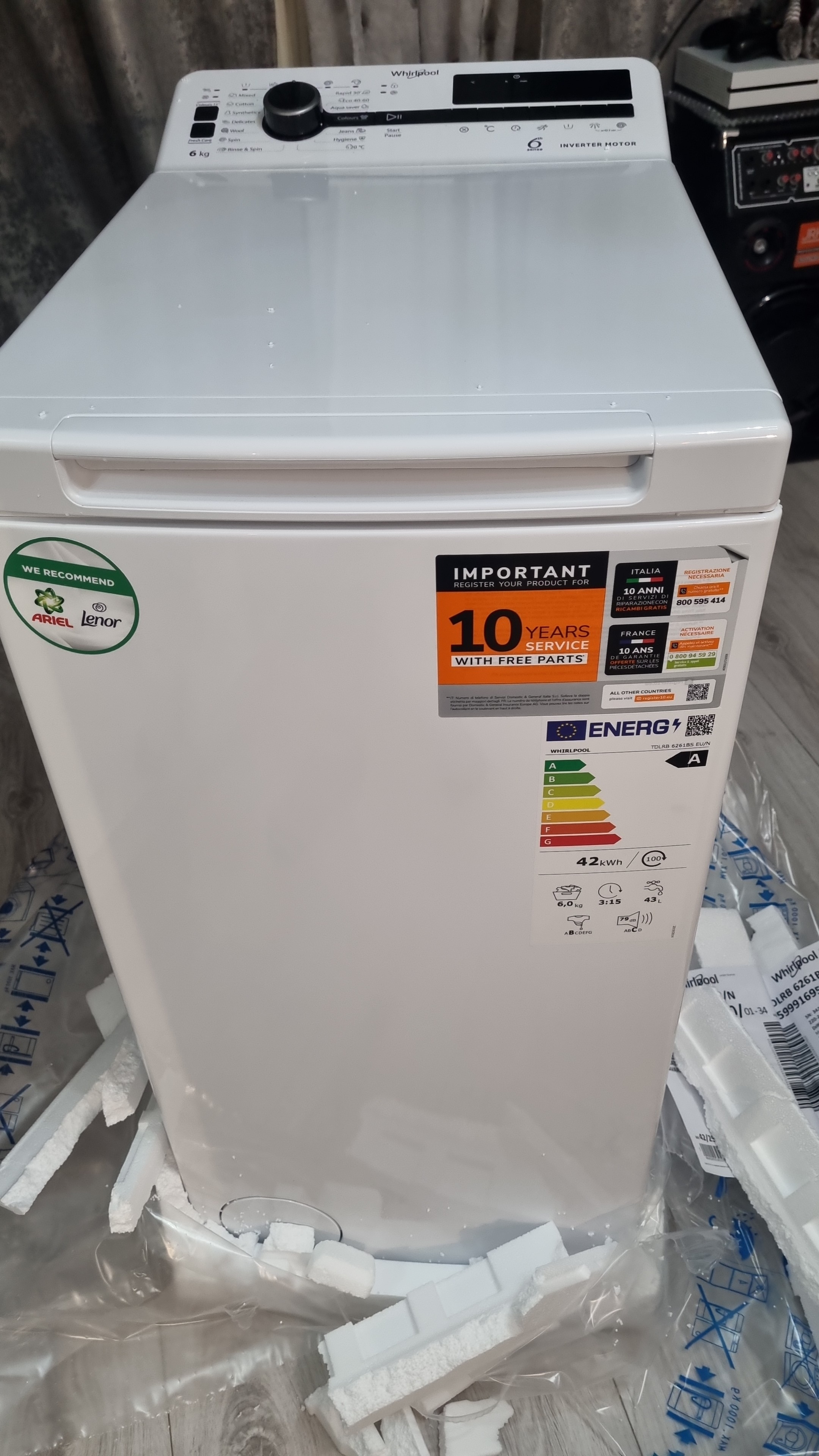 Masina de spalat rufe verticala Whirlpool TDLRB 6261BS EU/N, 6 kg, 1200 rpm, 6th Sense, Motor SenseInverter, Pornire Intarziata, FreshCare, Clasa A, Alb