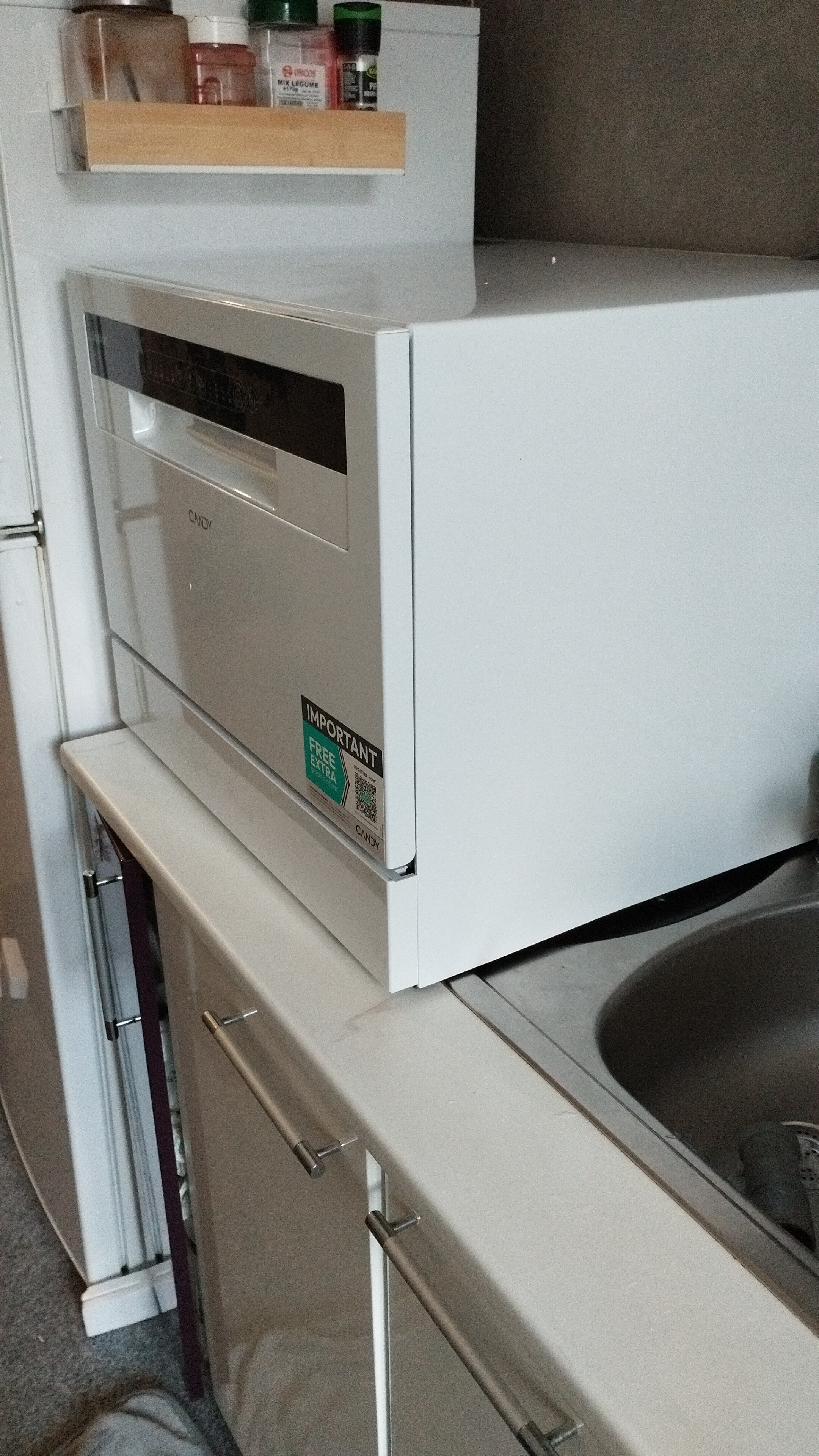 Masina de spalat vase compacta Candy Rapido CP 6E51LW, 6 seturi, 5 programe, Clasa E, Pornire intarziata, Program scurt 35', 55 cm, Alb