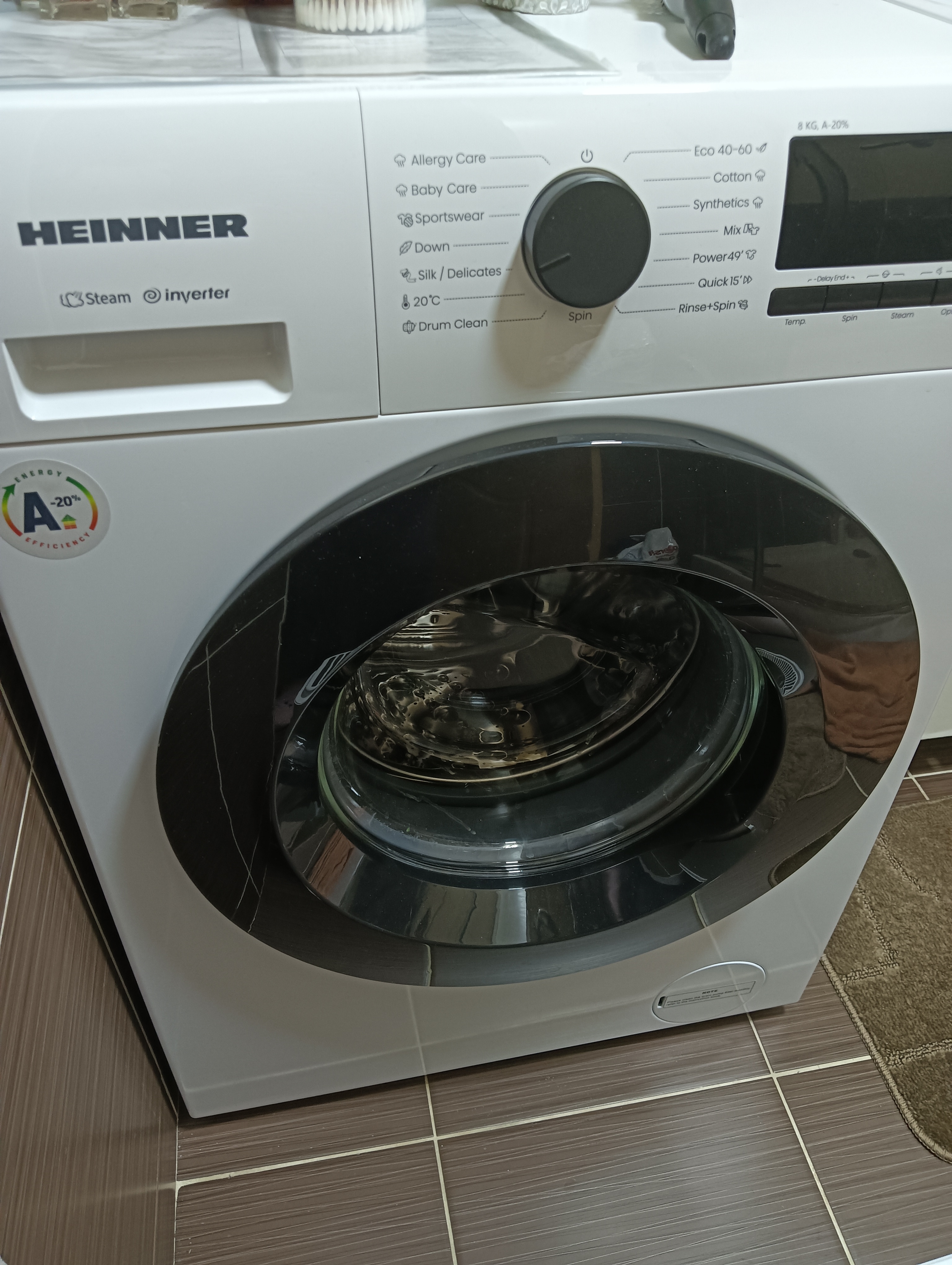Masina de spalat rufe HEINNER HWM-HME8014IVA20+++, 8 KG, 1400 RPM, Clasa A-20%, MOTOR INVERTER, Display digital, Program Allergy steam, Alb