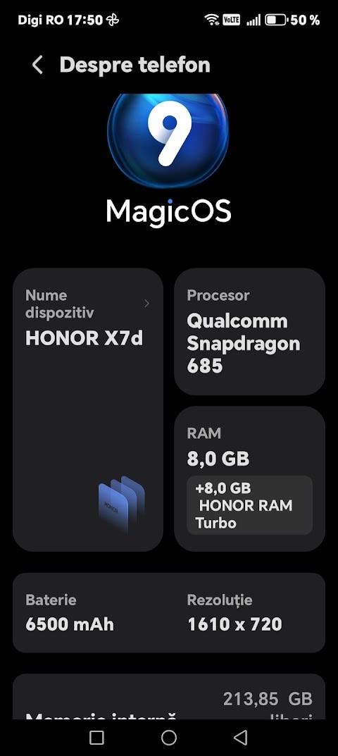 Telefon mobil HONOR X7d, Dual SIM, 8GB RAM, 256GB ROM, Meteor Silver - Casti Honor Choice Earbuds X7e Active incluse