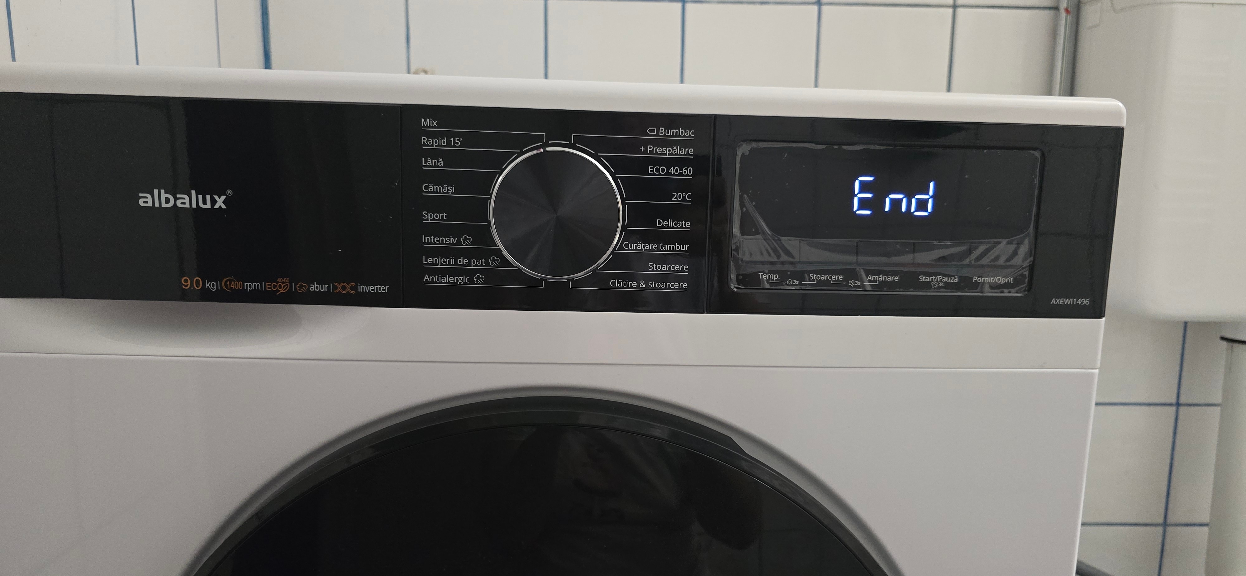 Masina de spalat rufe Albalux AXEWI1496, 9 kg, 16 programe, 1400 rotatii, Clasa energetica A-10%, Motor inverter, Control antispuma, Adaugare rufe in timpul spalarii, Alb