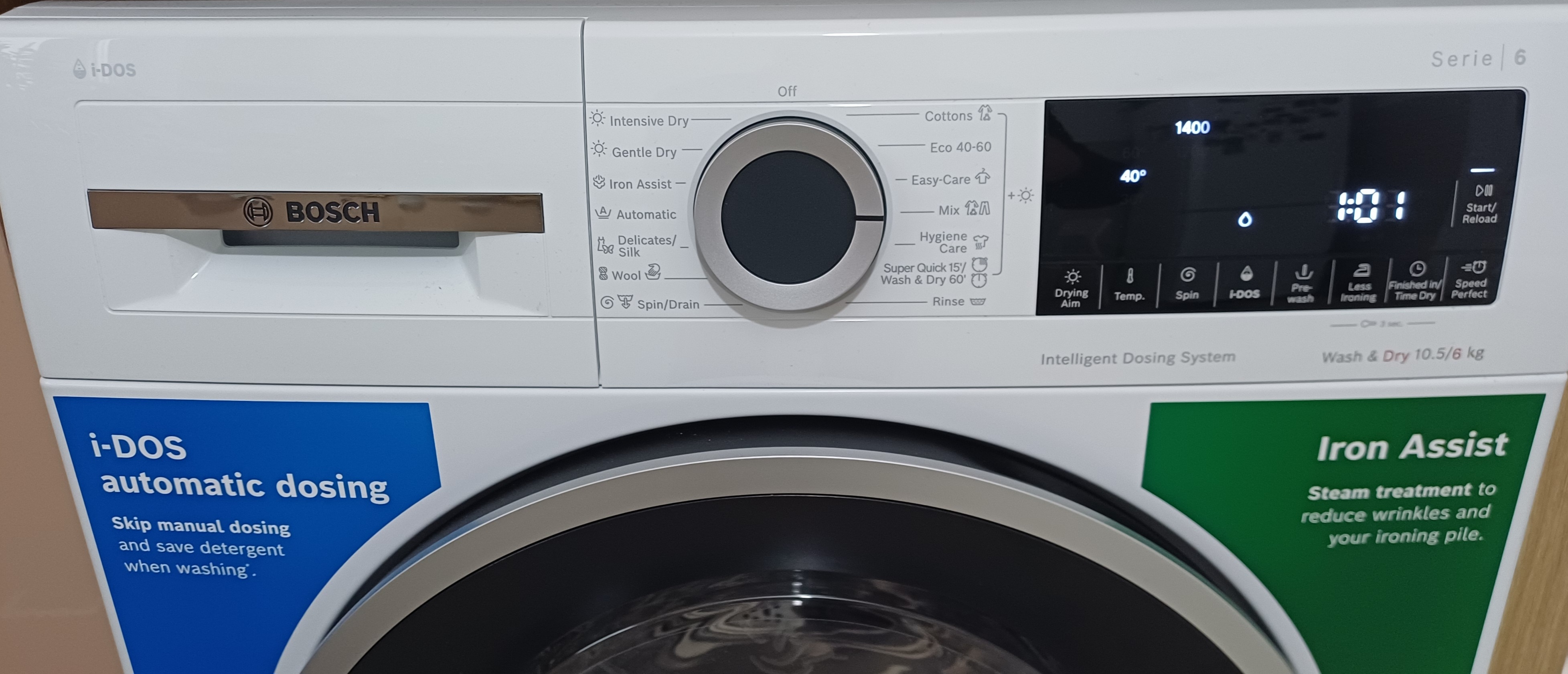 Masina de spalat rufe cu uscator Bosch WNG254A0BY, Spalare 10.5 kg, Uscare 6 kg, Clasa A, i-DOS, Iron Assist, AutoDry, Speed Perfect, Motor EcoSilence Drive, 60 cm, Alb