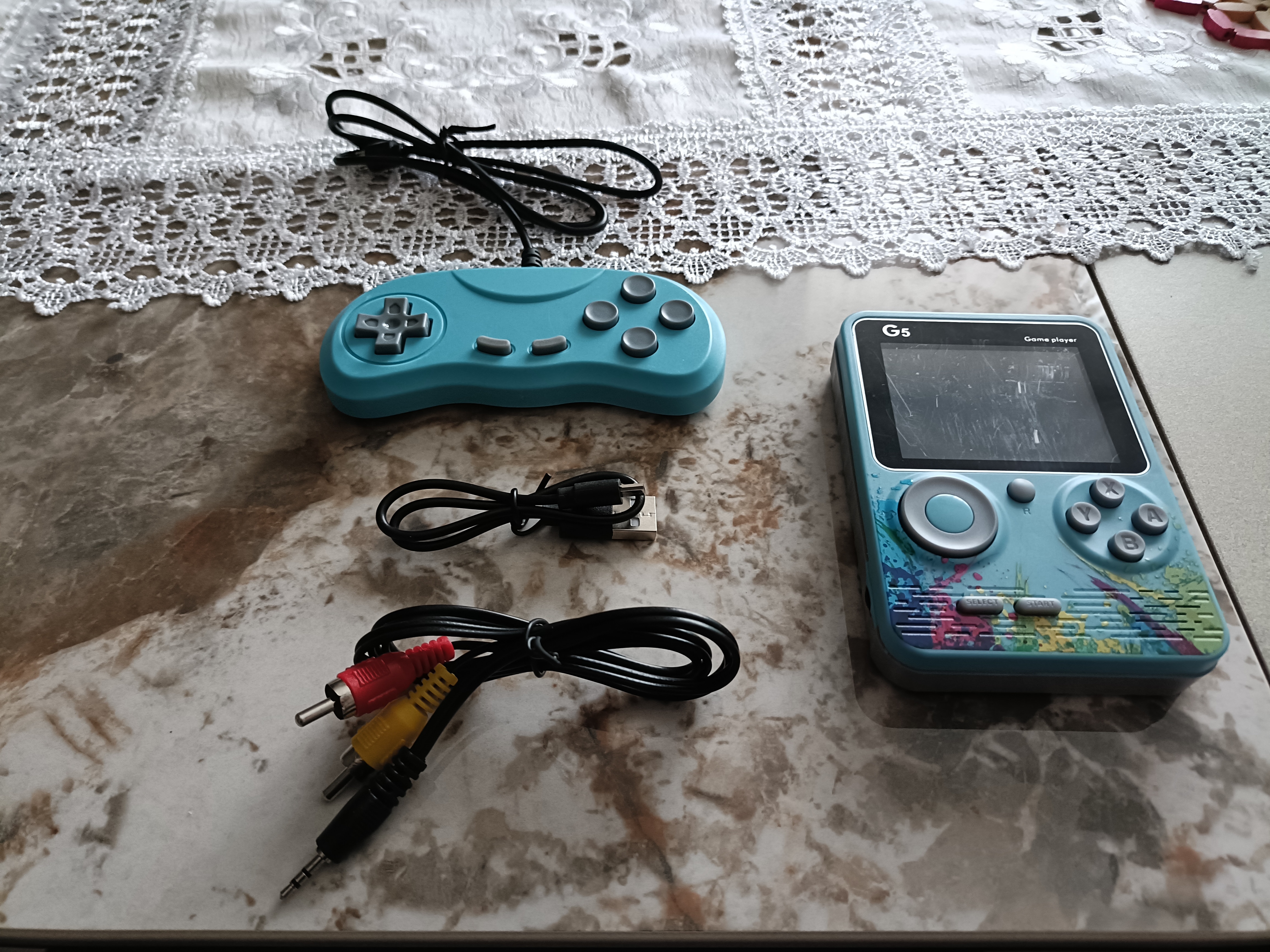 Consola Portabila G5, Rqiurpn, ecran 3 inch, 500 jocuri, baterie 1000mAh, reincarcabila, pentru adulti, conectare la TV, Albastru