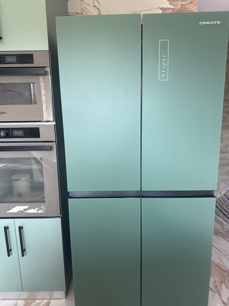 Frigider side by side cu 4 usi din sticla No Frost CREATE, Studio, 503 litri, H 177 cm, congelator 186 litri, Tehnologie Inverter, temperatura reglabila, 3 rafturi din sticla, 6 compartimente pe usa, sistem Care, functie Multi Air Flow, negru