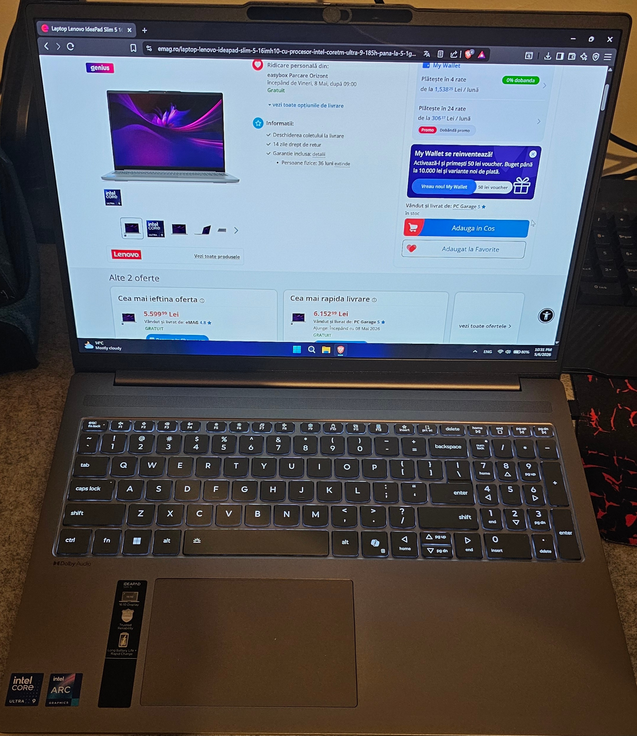 Laptop Lenovo IdeaPad Slim 5 16IMH10 cu procesor Intel Core™ Ultra 9 185H pana la 5.1GHz, 16" 2.8K, OLED, 32GB DDR5 RAM, 1TB SSD, Intel® Arc™ Graphics, No OS, Luna Grey, 3Y Courier