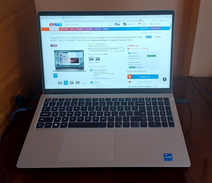 Laptop 15.6" Dell Pro 15 Essential Intel i5-1334U (12MB 4.6GHz) 16GB DDR5 1TB SSD UHD graphics PV15250 FHD 120Hz Win 11 Platinum Silver 3Yr ProSupport
