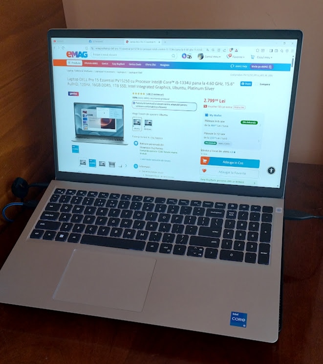Laptop 15.6" Dell Pro 15 Essential Intel i5-1334U (12MB 4.6GHz) 16GB DDR5 1TB SSD UHD graphics PV15250 FHD 120Hz Win 11 Platinum Silver 3Yr ProSupport