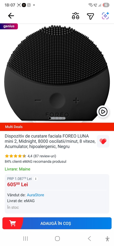 Dispozitiv de curatare faciala FOREO LUNA mini 2, Aquamarine, 8000