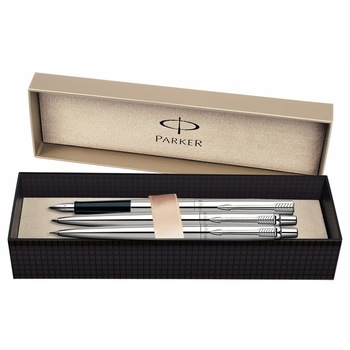 Set trei piese stilou, pix, creion mecanic Parker Jotter Stainless Steel CT, in mini-caseta cadou Set trei piese stilou, pix, creion mecanic Parker Jotter Stainless Steel CT, in mini-caseta cadou