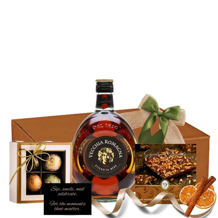 Cadou Vecchia Romagna – Brandy Premium, Praline si Ciocolata Signature Laurence, in Cutie de Lux