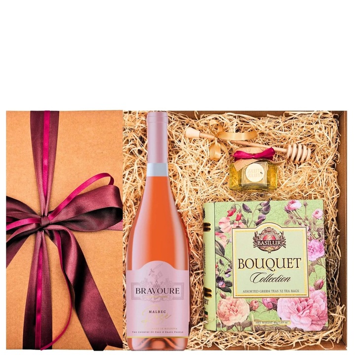 Set cadou Rose Reverie, Vin Malbec Rose 0.75L, Miere bio 223g, Ceai asortat Basilur 32 plicuri, Cutie elegantă
