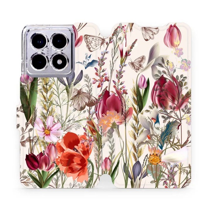 Калъф, Mobiwear - Book - MP01S за Xiaomi 14T Pro, Букет От Цветя