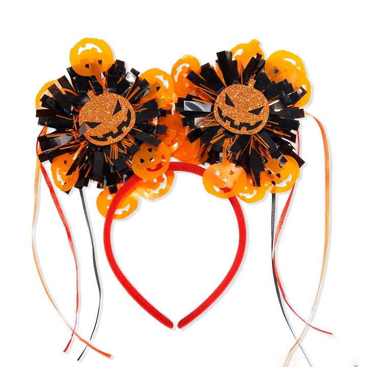 Feicaeesa® Bentita Pentru Par Rosie 25cm, Decorat cu model de cap de dovleac, Halloween, Carnaval