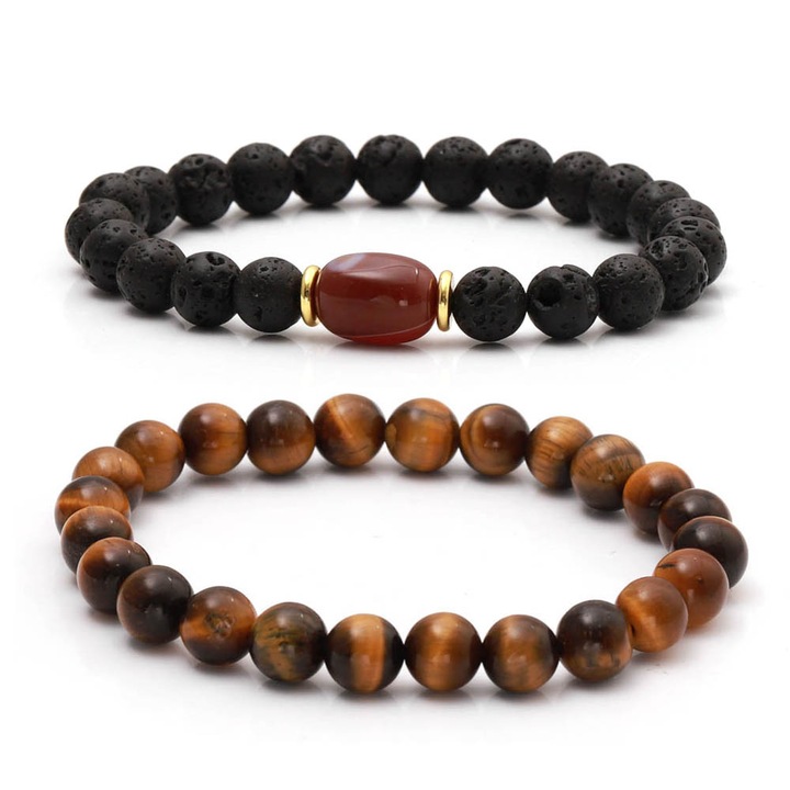 Bratara din piatra naturala Set de 2, YILIBAO, piatra de onix/piatra vulcanica, bratara elastica de epoca pentru barbati si femei, multicolor rosu