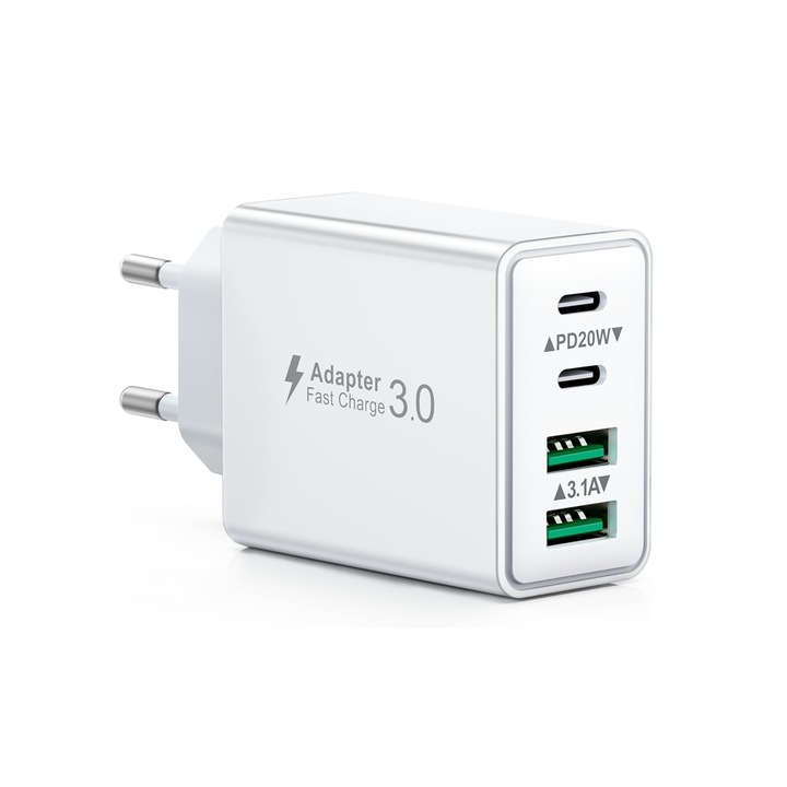 Зарядно устройство SEZAC, 4 порта, 40W, 2xUSB-C, 2xUSB-A, 2м кабел, бяло