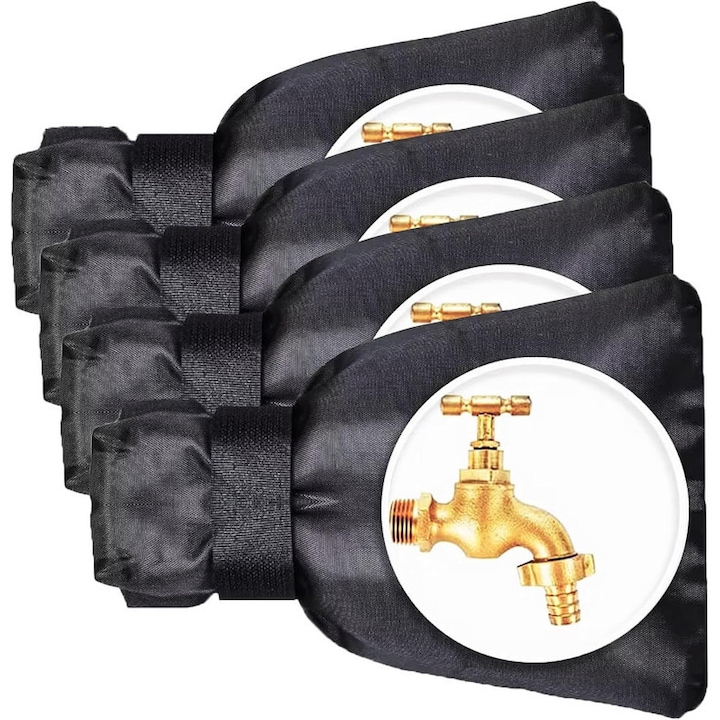 Set 4 huse pentru robinet exterior, YSBER, Cu velcro, anti-inghet, Protectie impotriva inghetului, Pentru robinete de gradina, conducte de apa si furtunuri de apa, Oxford, 15x21cm, Negru