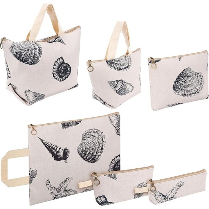 Set 6 genti de dama, Belle Vous, din bumbac, cu fermoar, potivite pentru calatorii, imprimeu scoici, Bej