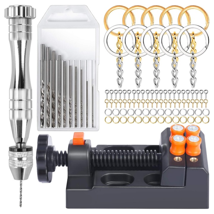 Set burghie manuale, Axroad Mall, Mini masina de gaurit electrica de mana, Cu 220 piese brelocuri, Rezistent la coroziune, Anti rugina, Durabil, Pentru gaurit Lemn, crafting, bijuterii, Metal, Muticolor