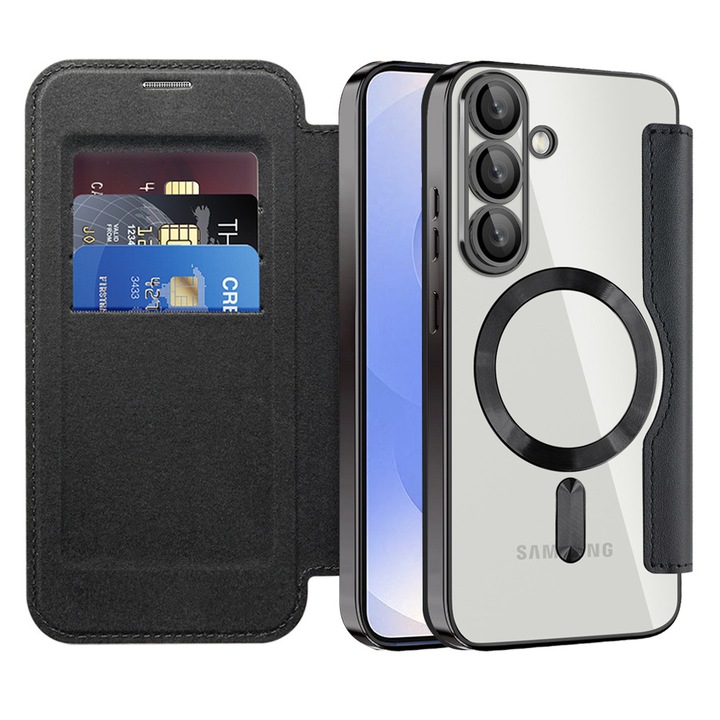 Калъф тип книга за Samsung Galaxy S25 Plus DaDen SmartMag, Повишена защита, Вграден магнит, Безжично зареждане, Черен