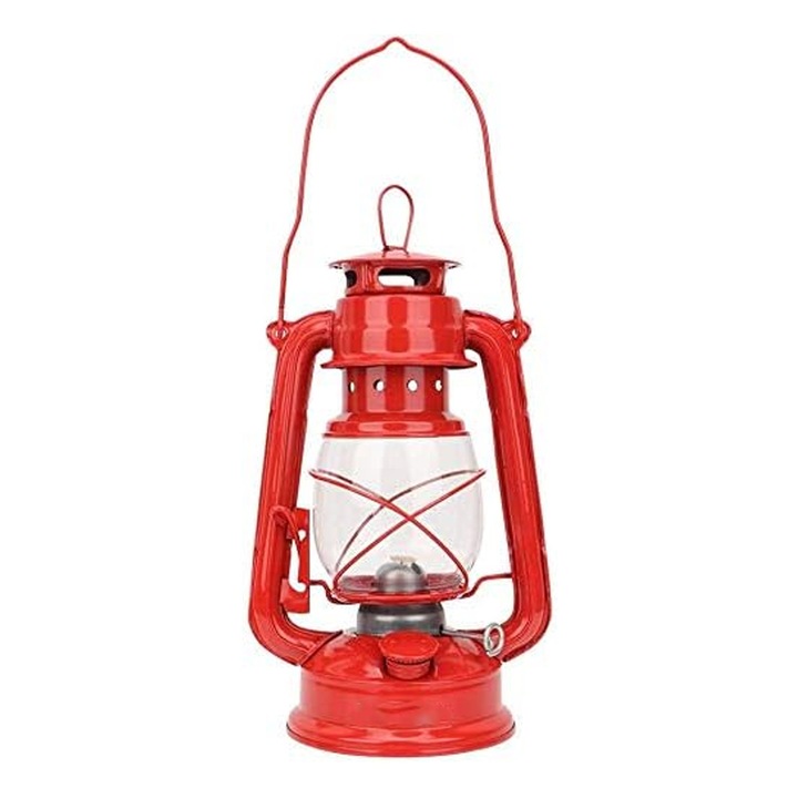 Felinar metalic retro pe ulei lampant cu fitil, Axroad Mall, Lampa portabila pentru camping, Decoratiuni Interioare, Eleganta subestimata, Puternic si stabil, Interior/exterior, Metal/sticla, 26*15cm, Rosu