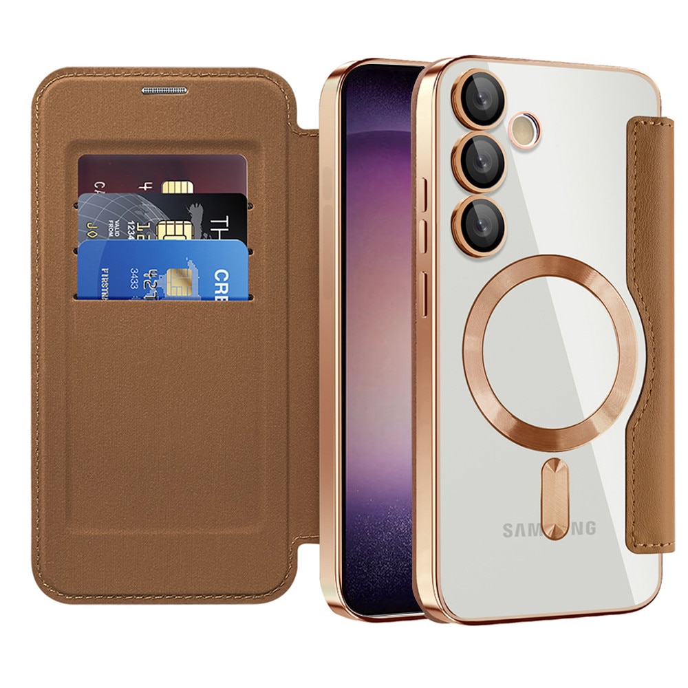 Husa Flip MagSafe pentru Samsung Galaxy S23, Buzunar Card RFID, Tip Carte, Design Modern si Elegant, Maro