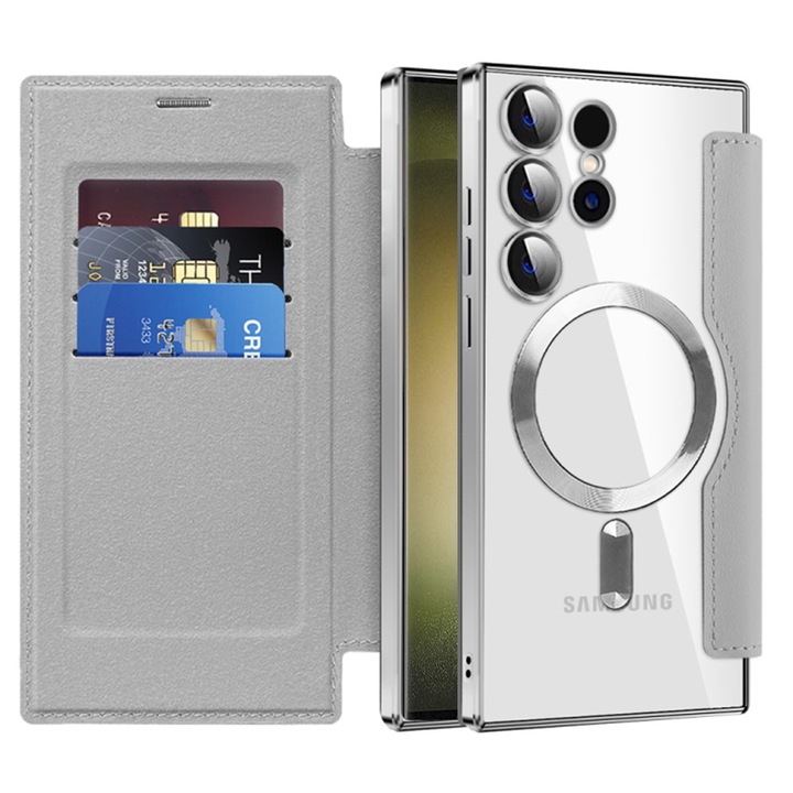 Husa Flip MagSafe pentru Samsung Galaxy S23 Ultra, Buzunar Card RFID, Tip Carte, Design Modern si Elegant, Gri