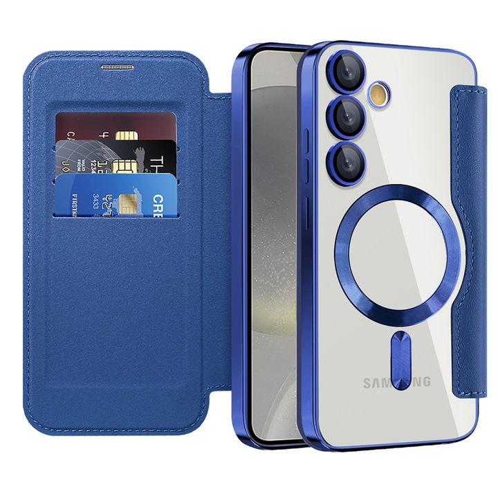 Калъф тип книга за Samsung Galaxy S24 Plus DaDen SmartMag, Повишена защита, Вграден магнит, Безжично зареждане, Син