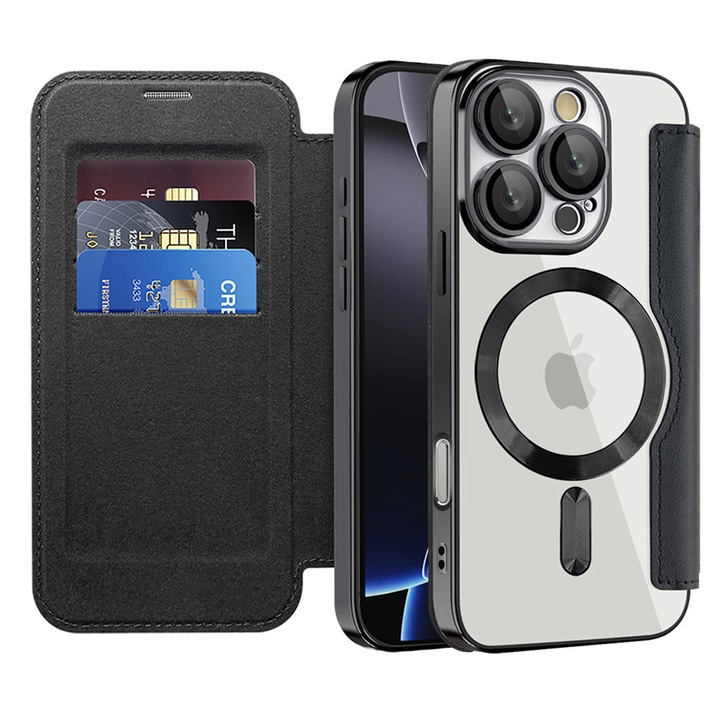 Husă tip carte pentru iPhone 16 Pro Max, neagră, piele ecologică și TPU, protecție RFID