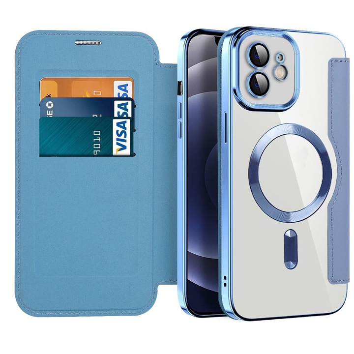 Husa Flip MagSafe pentru Apple iPhone 12, Inchidere Magnetica, Buzunar Card RFID, Tip Carte, Design Modern si Elegant, Albastru deschis