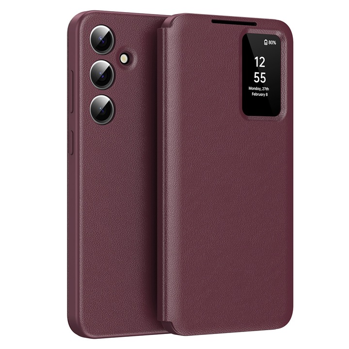 Husa pentru Samsung Galaxy A55 Smart Window View Tip Carte – Design Premium Vizualizare Inteligenta Protectie 360° Card Slot Textura Mata Eleganta - Bordeaux