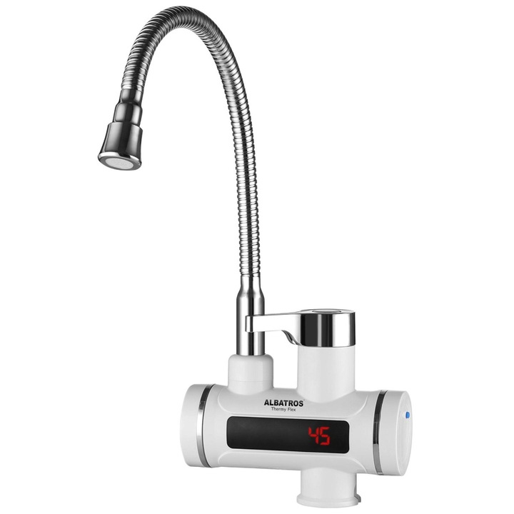 Azonnali elektromos csaptelep, mosogatóhoz, túlmelegedés elleni védelemmel, hőmérséklet-szabályozással, IPX4, flexibilis csővel, digitális kijelzővel, 3,3 kW, 220 - 240 V, fehér