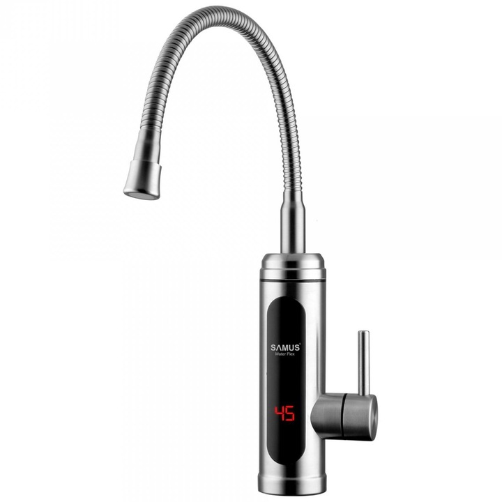 Robinet electric instant, pentru chiuveta, protectie supraincalzire, control temperatura, IPX4, teava flexibila, display LED, 3 kW, 220 - 240 V, argintiu