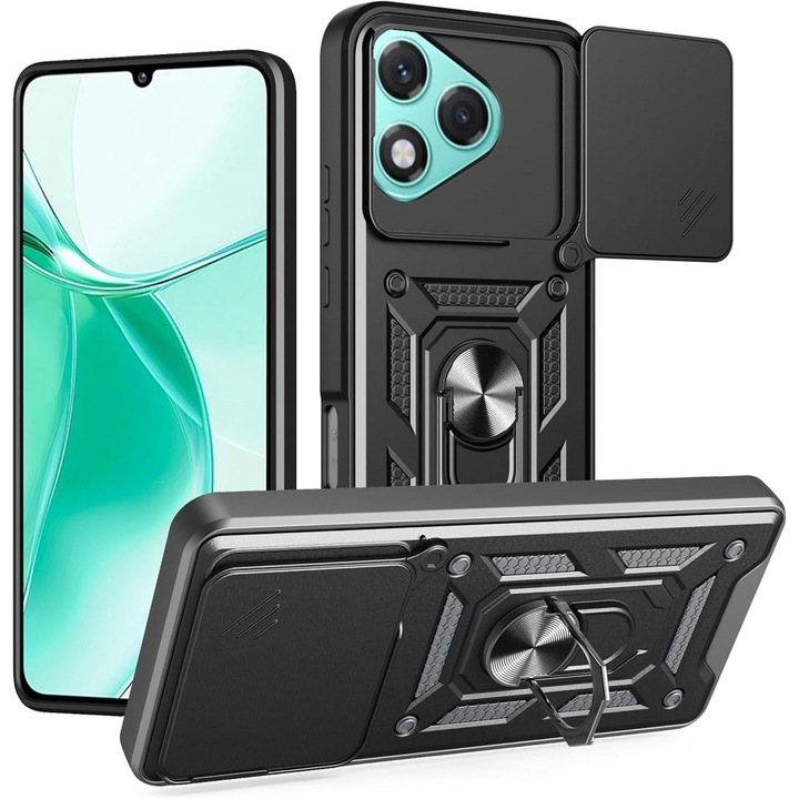 Honor 400 Lite 5G kompatibilis hátlap tok, telefon tok, kitámasztható, mágneses, ütésálló, fekete, Defender Slide