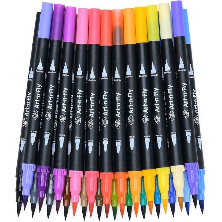 Set 25 Markere, Art-n-Fly, cu doua capete, Varf fin si Pensula, pentru caligrafie, desen, Multicolor