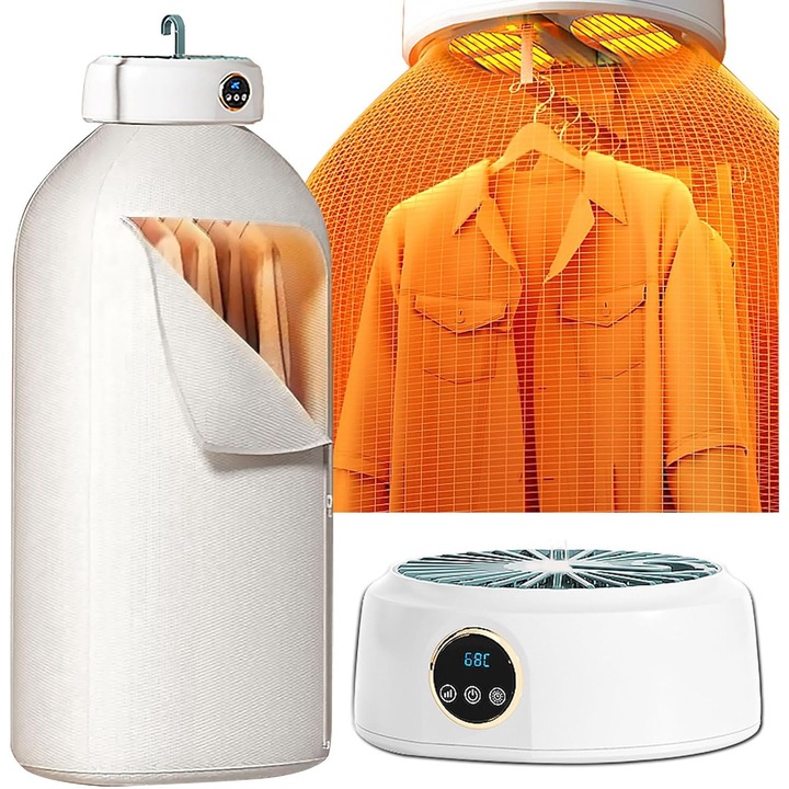 Преносима сушилня за дрехи с 360° циркулация на горещ въздух, капацитет на сушене 10 кг, 3 режима на сушене, 7 нива на програмиране, функция за плазмена стерилизация, премахване на неприятни миризми, премахване на домашни акари