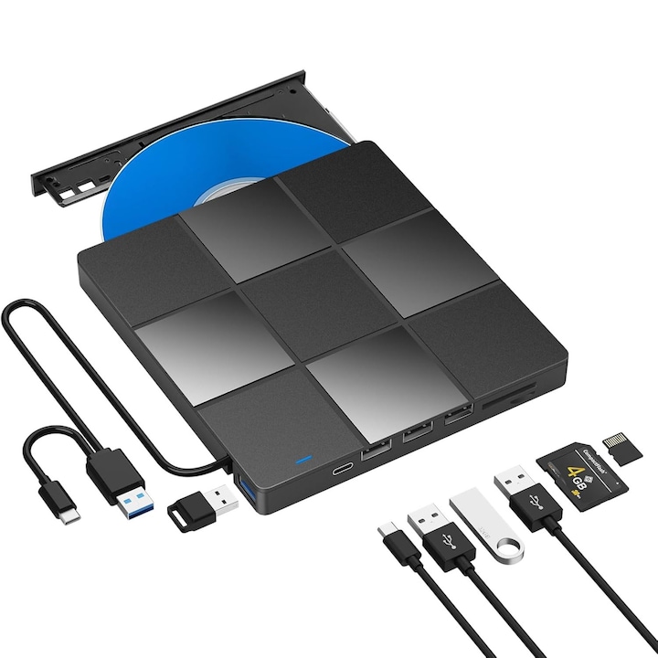 Külső CD/DVD meghajtó, RASK, USB 3.0/Type-c kábel, CD, DVD +/-, RW, SD, Plug & Play, Kompatibilis laptoppal, PC-vel, asztali számítógéppel, Windows 10/7/8/XP, Mac, MacBook, Linux operációs rendszerrel, Mac OS, Fekete