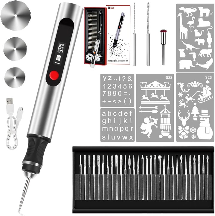 Многофункционална машина за гравиране и скулптуриране, 3 скорости, 30 бита, 16 шаблона, гравиране върху метал, стъкло, камък, дърво, презареждаща се USB C, сребриста