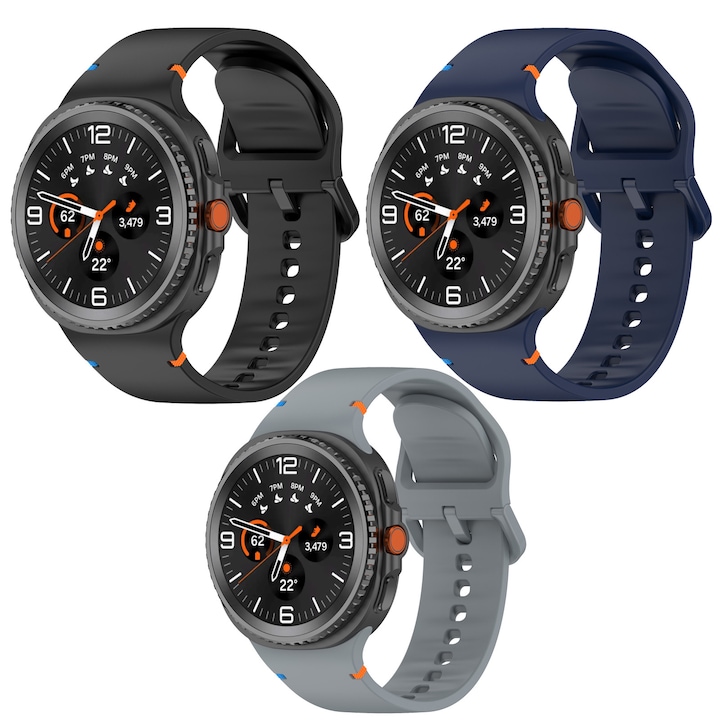 Set 3 Curea ceas silicon moale, SAFEMORE, Sport Band compatibila cu Smartwatch Samsung Galaxy Watch 8 40/44mm, Samsung Galaxy Watch 8 Classic 46mm(Negru & Gri & Albastru)