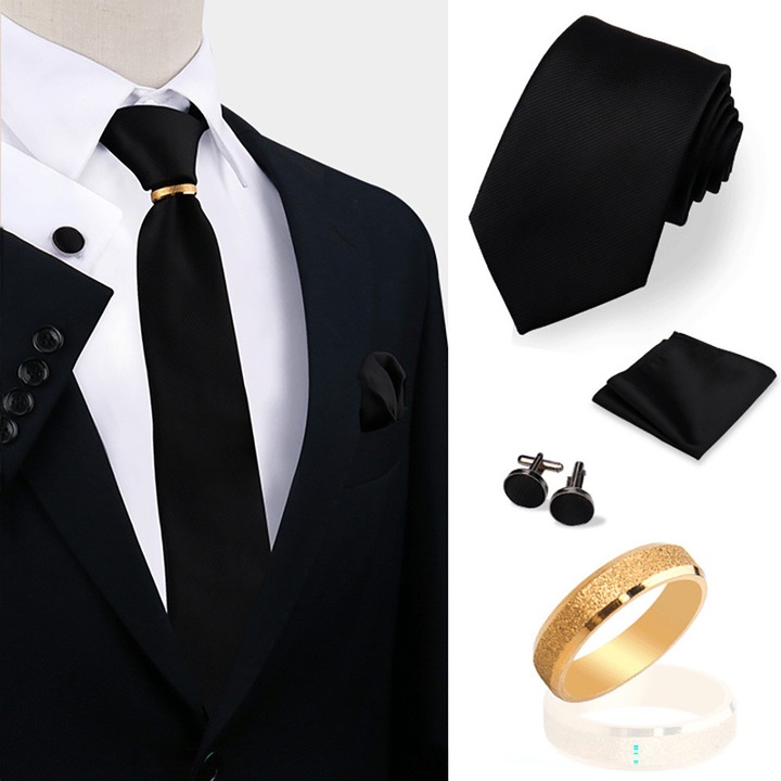 Set cravată bărbați, negru, poliester, include cravată, pătrățel pentru buzunar, inel pentru cravată, manșete