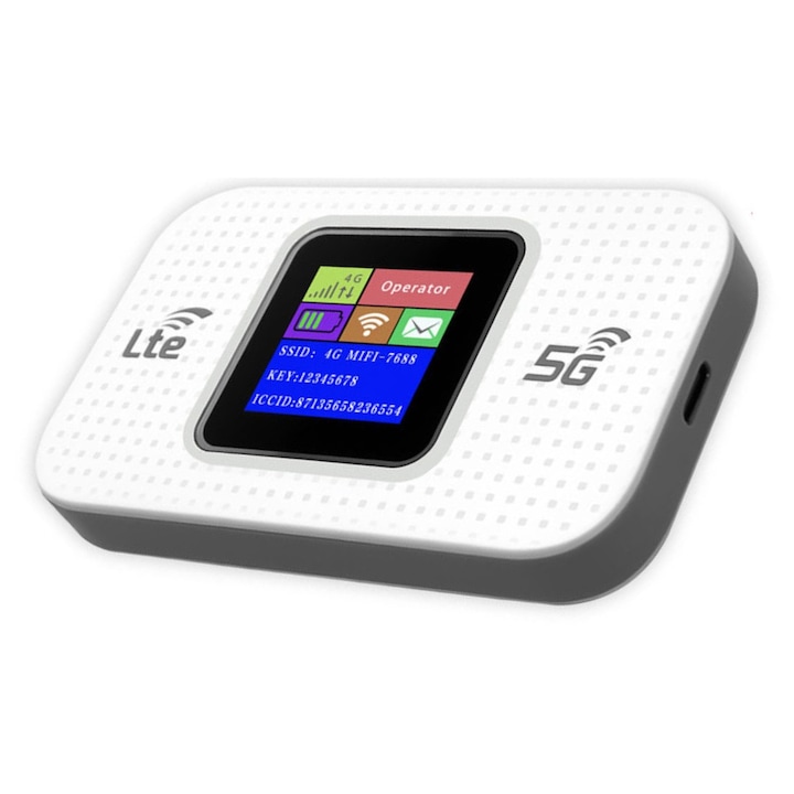 Modem WIFI de Buzunar, Cu Baterie si Sloturi de Card Conexiune Multipla Ecran LCD Conectare Pana la 10 Dispozitive Type-c interface 3000mAh Battery, Alb, Usor de utilizat, portabil, durabil