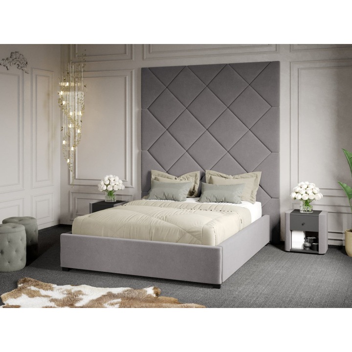 Pat Tapitat cu Panou 191x228, C1, Dubai cu Somiera fixa, 140x200, Gri/Velluto 16