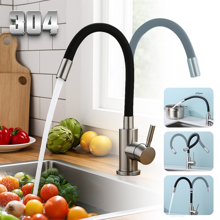 EXCITAT® Гъвкав кухненски смесител, силиконов маркуч, въртене на 360°, черен, матирано метално покритие, високо налягане, подвижна пръскаща глава, икономия на вода