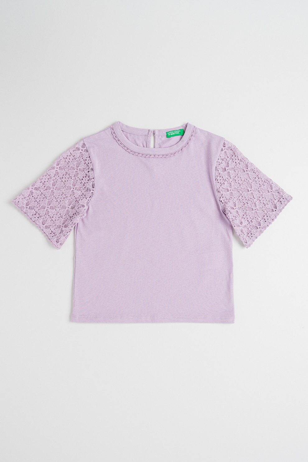 United Colors of Benetton, Tricou cu maneci din dantela florala, Lila, 140 CM