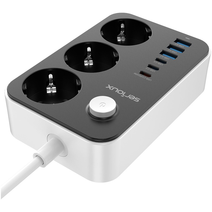 Prelungitor cu protectie Serioux SRXP-PS36B, 3 x schuko, tensiune intrare: 100-240V, 2500 W – 10A 6 porturi USB (auto max): 15.5W USB-C2/C3/A1/A2/A3 - 12W USB-C1-20W, 3.4 A, functie auto ID Antistatic Buton on/off Lungime cablu alimentare: 1.6 m